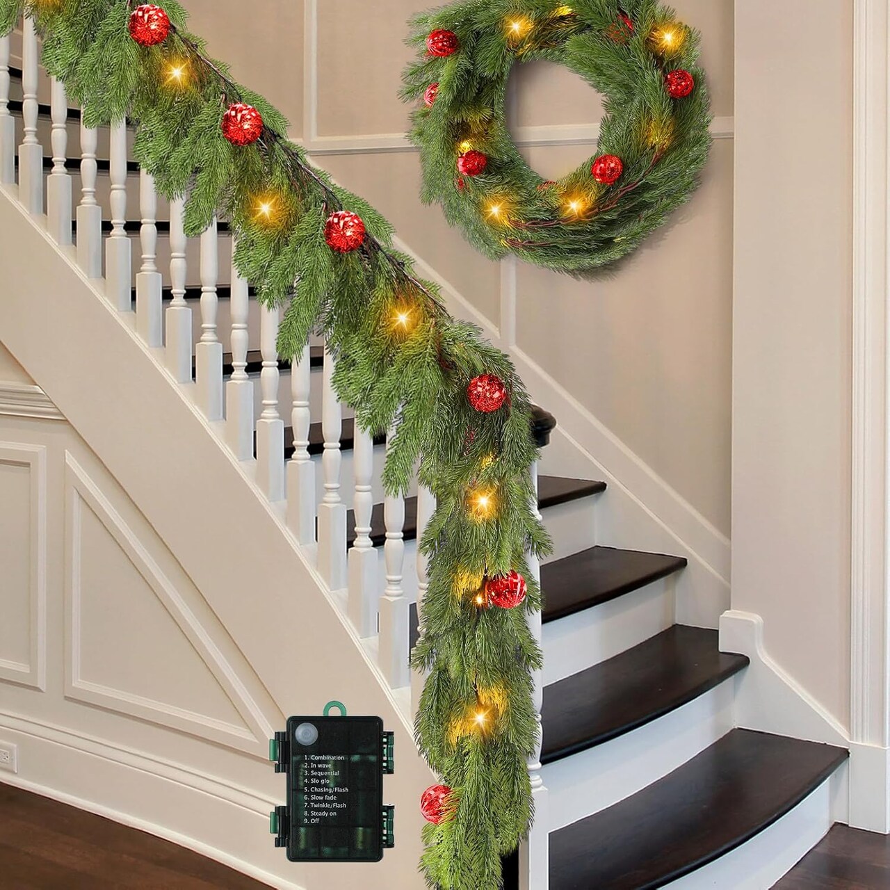 2 Pcs 12.4ft Pre Lit Christmas Cedar Garland with 20 LED Lights (Red)